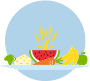 An icon of a plate with vegetables and fruit on it.