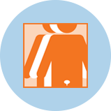 An icon for bladder cancer showing 3 figures. The orange figure in front has an outline of the bladder.
